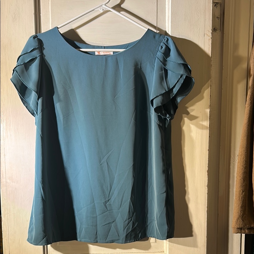 Blue Cap Sleeve Ruffled Blouse